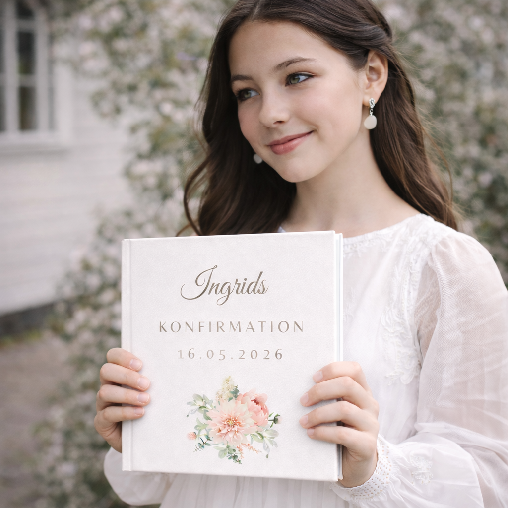 Konfirmationsbog hardcover med Peoner – personlig konfirmation gave med hilsener (64 Gæster) | gæstebog & mindebog