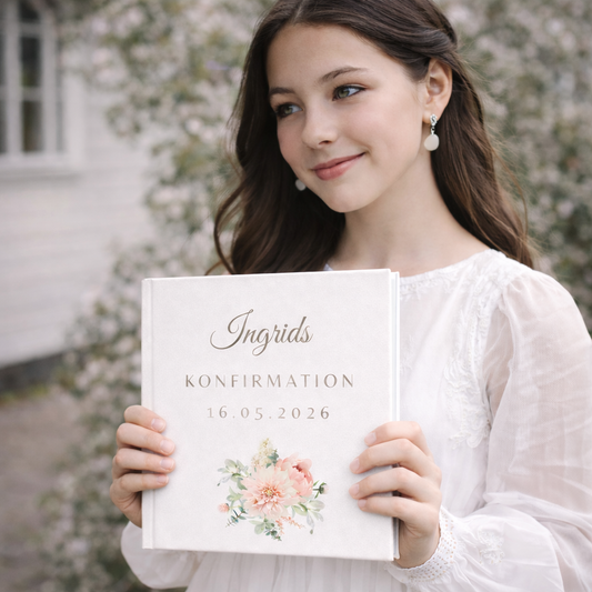 Konfirmationsbog hardcover med Peoner – personlig konfirmation gave med hilsener (64 Gæster) | gæstebog & mindebog
