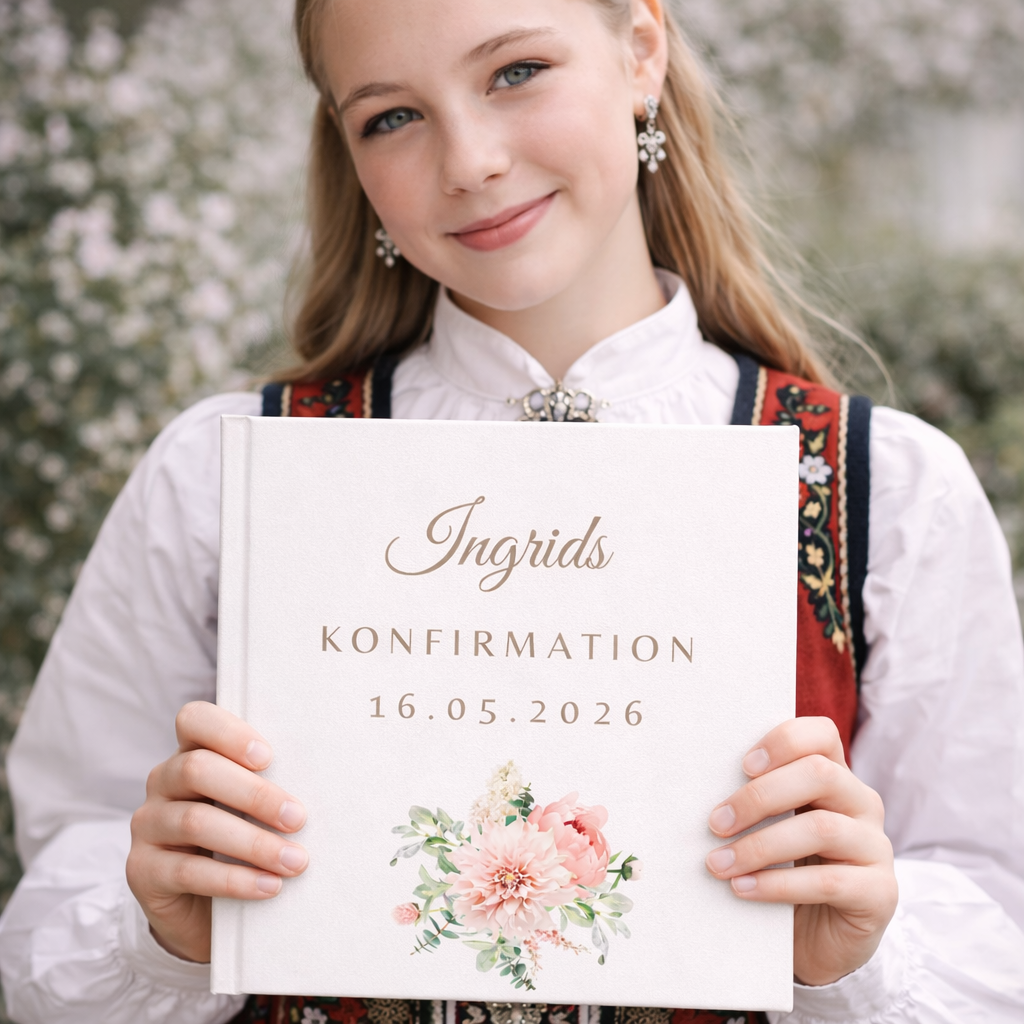 Konfirmationsbog hardcover med Peoner – personlig konfirmation gave med hilsener (64 Gæster) | gæstebog & mindebog