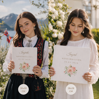 Konfirmationsbog hardcover med Peoner – personlig konfirmation gave med hilsener (64 Gæster) | gæstebog & mindebog